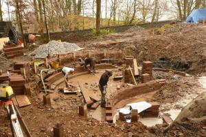 Building the blockwork walls of the pond Building the blockwork walls of the pond.