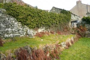 The boundary wall in Langdale, held up only by ivy! Traditionally built drystone retaining wall in Langdale